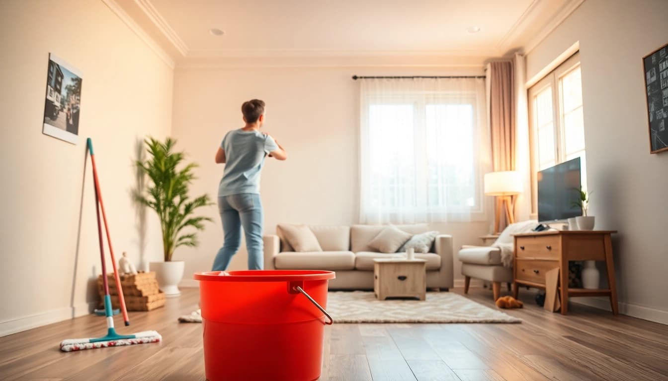 Person gracefully engaging in wall cleaning with effective tools in a bright living room.