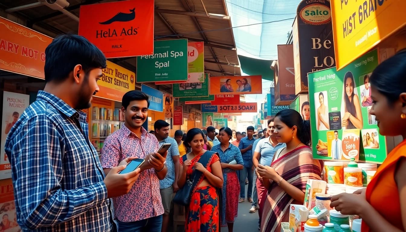 Engaging market scene showcasing Hela Ads with vibrant banners and happy people connecting.