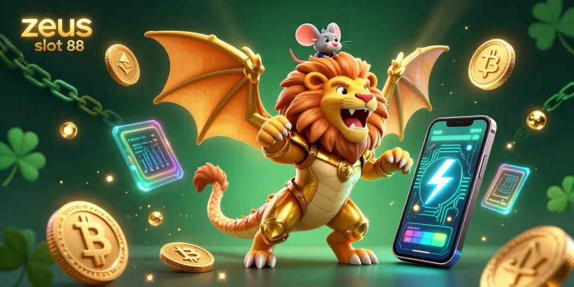 Experience the excitement of zeus slot 88 with dazzling golden elements and crypto-themed features in this vibrant casino illustration.