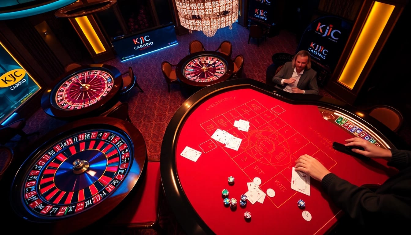 KJC gaming table scene with vibrant action, poker chips, and a roulette wheel highlighting luxury and excitement.