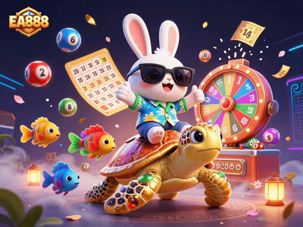 EA888 features a cartoon rabbit and turtle amidst dynamic gambling elements, boosting excitement for players