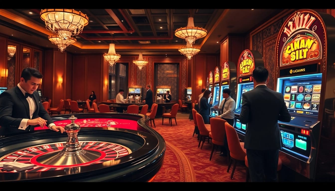Experience the excitement at nhà cái vn23 with players engaging at a roulette table in a luxurious casino.
