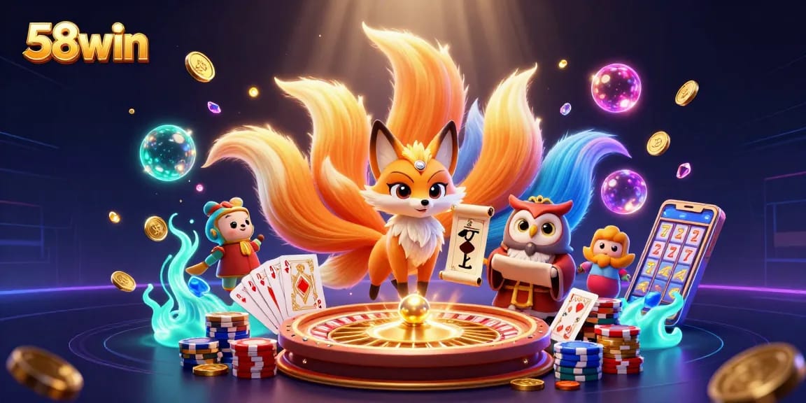 Engage in exciting gameplay with 58win's vibrant 3D illustration of a mystical casino world.
