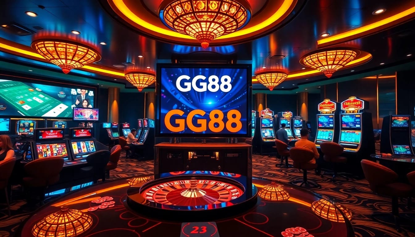 Experience thrilling gaming at GG88 with poker tables and slot machines in a luxurious atmosphere.