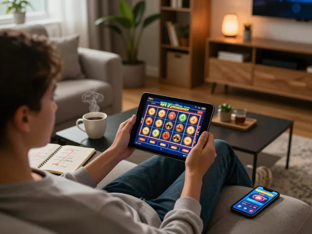 Engaging home gaming setup showcasing mn88 link on tablet for online casino entertainment