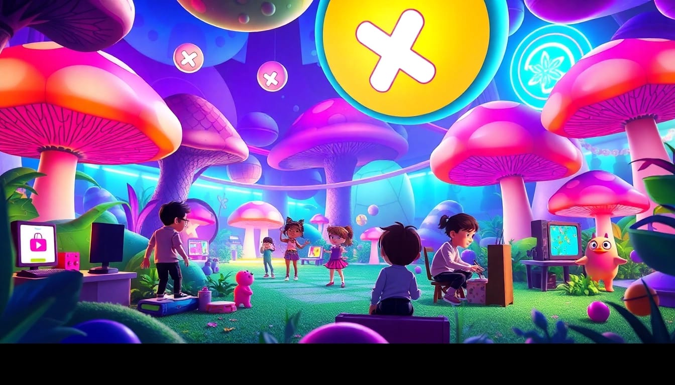 Exciting scene of animated characters playing XXX games in a vibrant fantasy landscape.