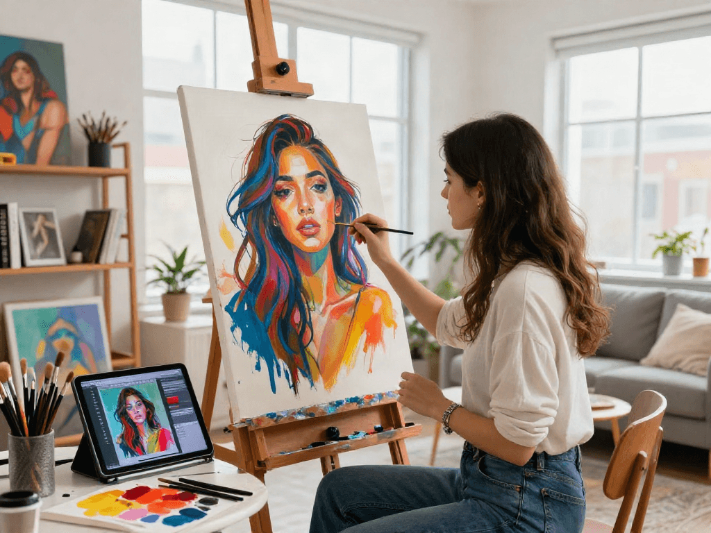 Artist creating AI NSFW-inspired portrait in modern studio