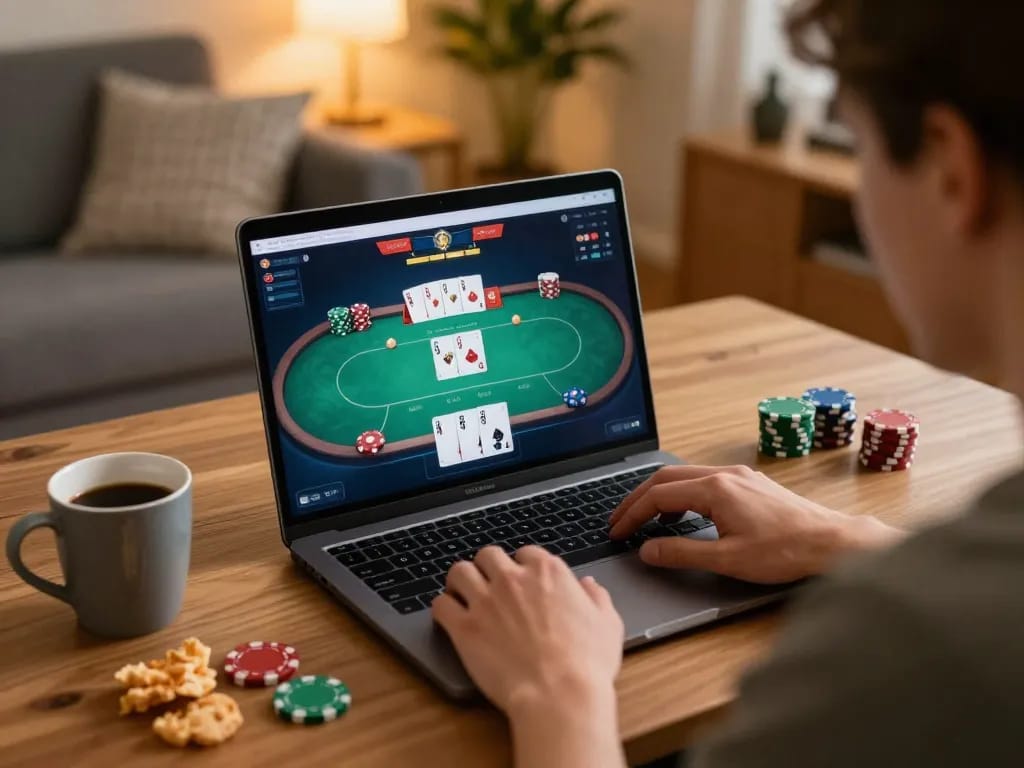 Experience strategic poker play with Fly88 on a laptop in a cozy home setting