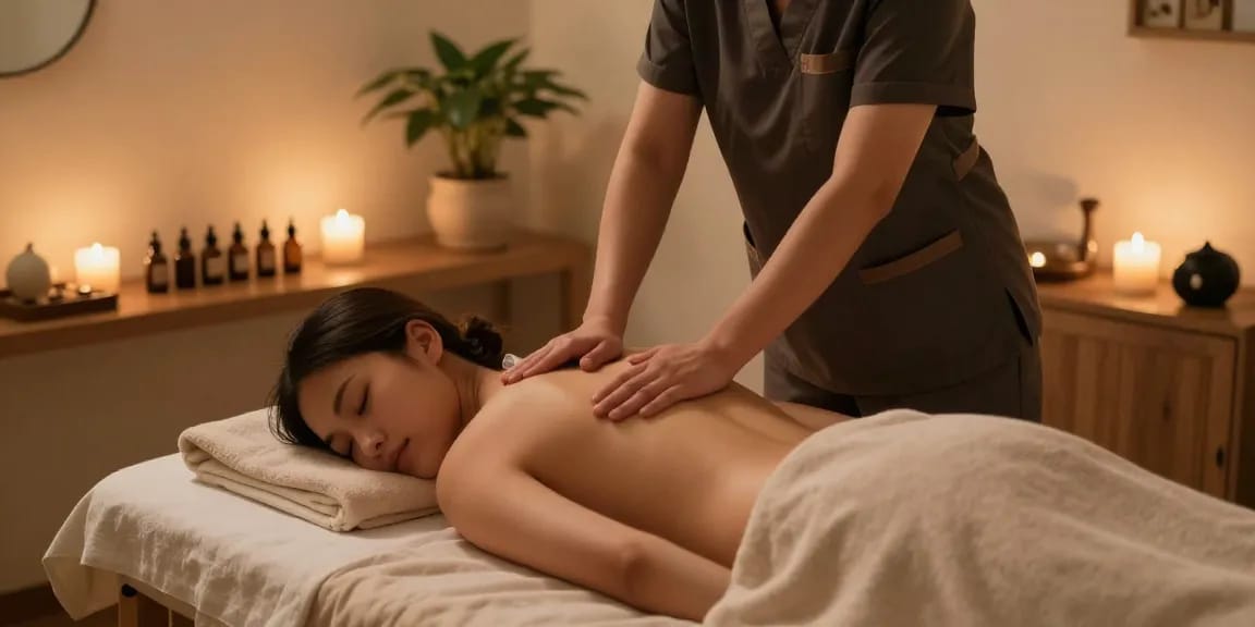 Professional therapist giving 일산출장마사지 in a serene spa setting.