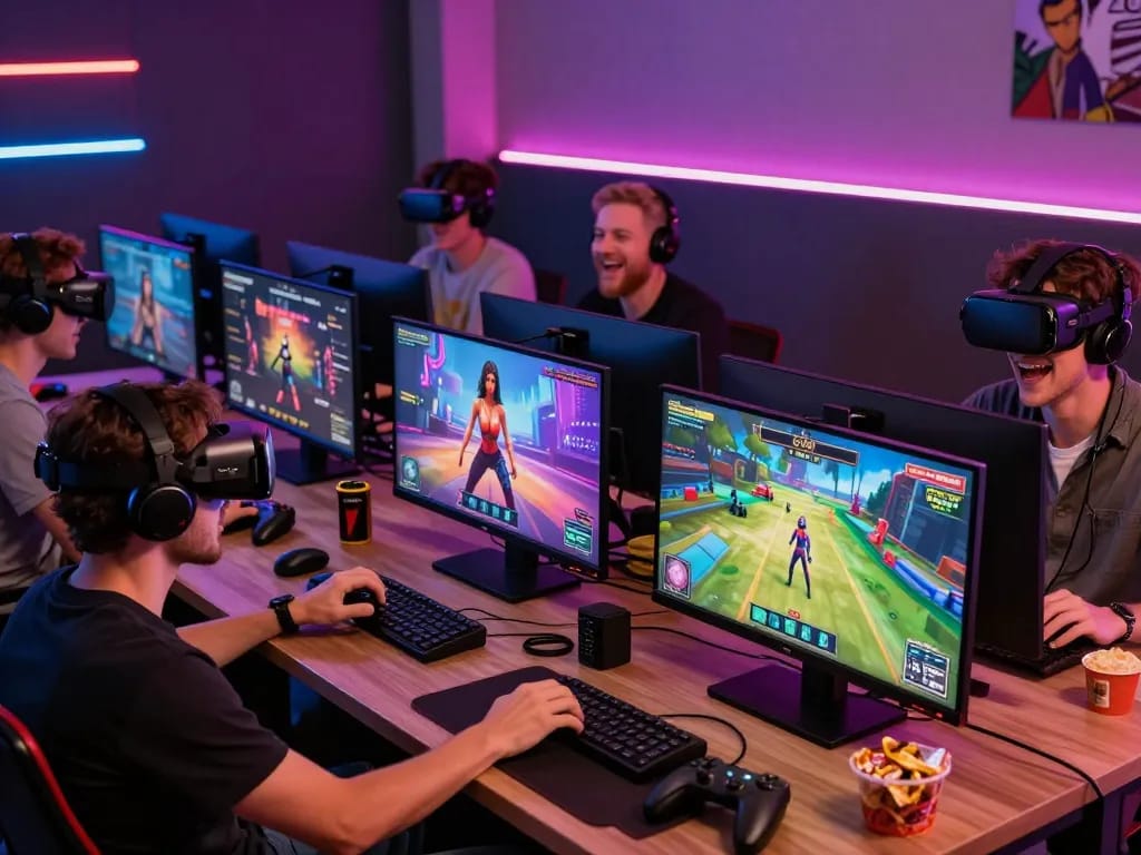 Engaged adults playing various porn games online in vibrant gaming lounge.