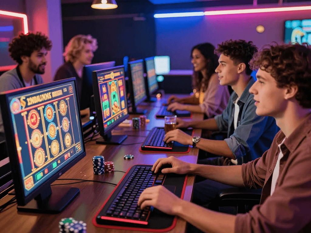 Exciting gaming session at non gamstop casinos featuring young adults enjoying vibrant slot games and a lively atmosphere.