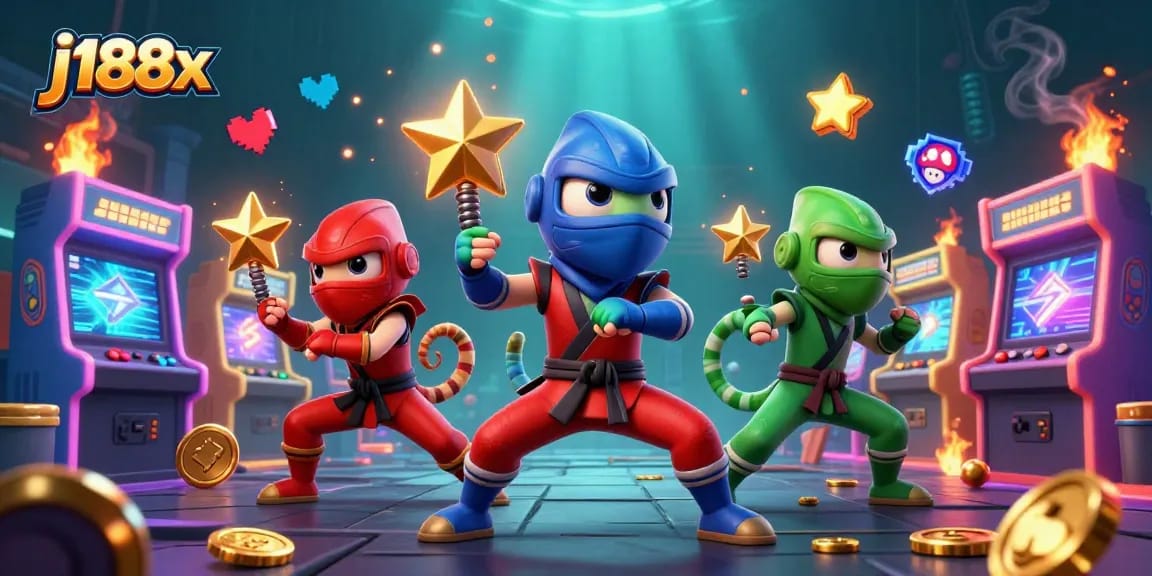 Experience thrilling gaming with j188x as ninja chameleons showcase their skills amidst vibrant casino elements.