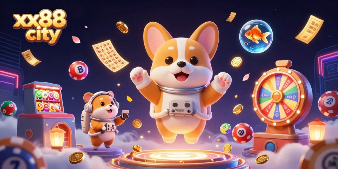 Engage in vibrant gaming at xx88 city, featuring a lively casino atmosphere with exciting floating characters.
