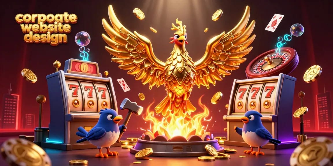 Engaging corporate website design showcasing vibrant casino elements with winning slot symbols and gold coins.