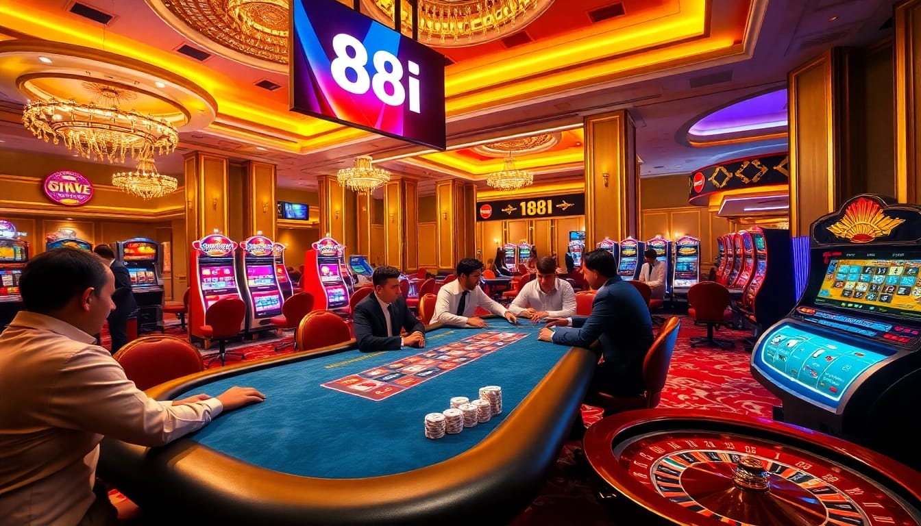 Players enjoying a thrilling poker game at 88i casino, surrounded by colorful slot machines.