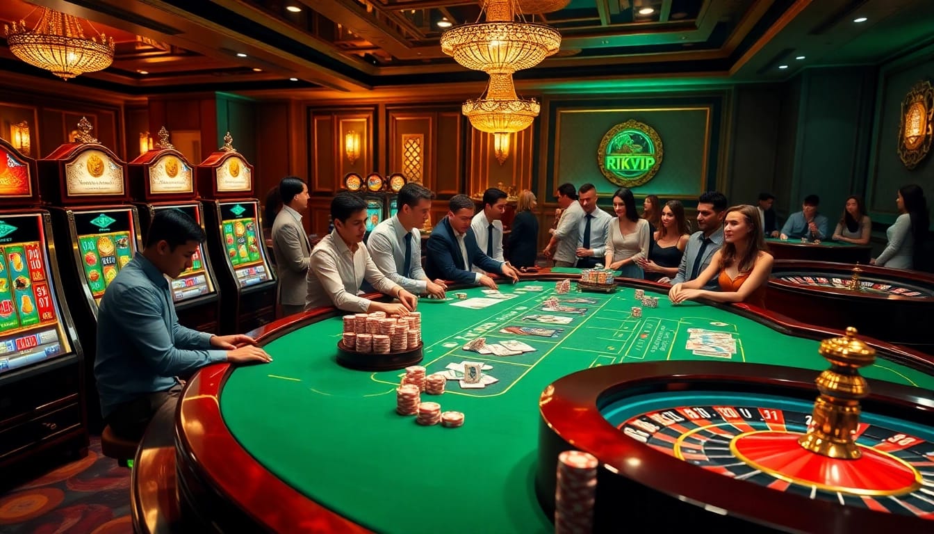 Experience the excitement of online gambling at RIKVIP with vibrant casino tables and engaging players.