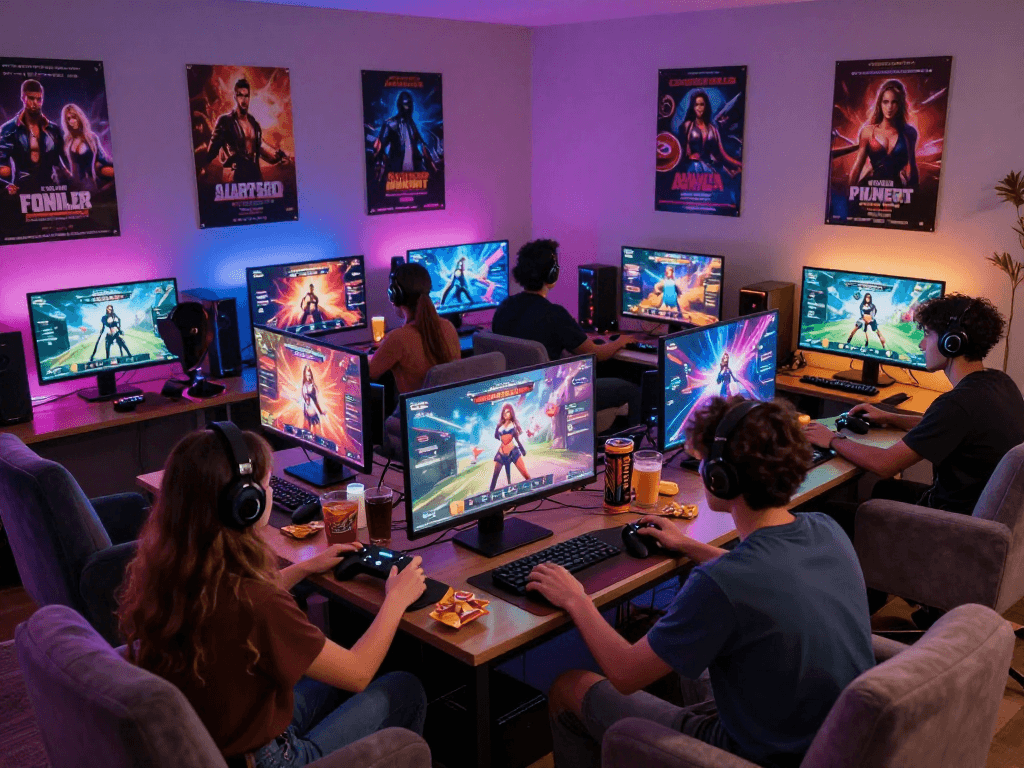 Friends enjoying multiplayer porn games in a vibrant gaming lounge.