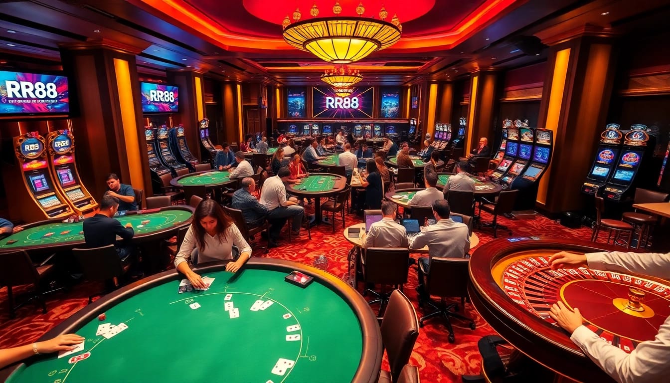 Players immersed in a thrilling casino experience at RR88, featuring vibrant tables and lively gameplay.