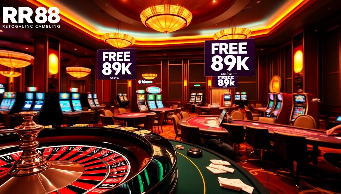 Engaging scene of RR88 casino with players at tables and slot machines, showcasing excitement.