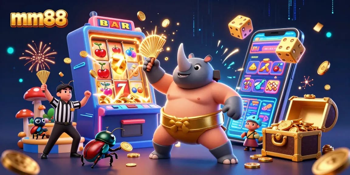 Experience the excitement of mm88 with a sumo champion beetle amidst exploding jackpots and casino games.