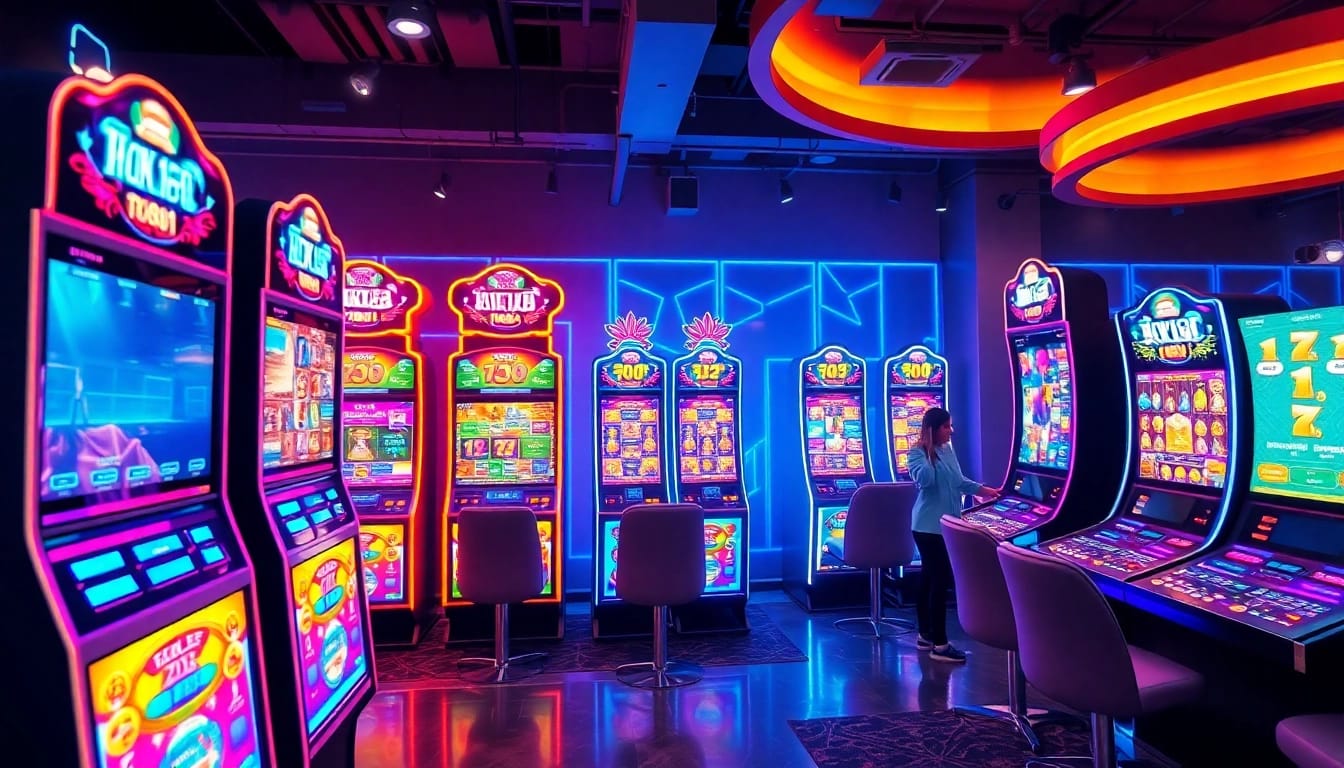Exciting HOKI138 online gaming scene featuring vibrant slot machines and a welcoming atmosphere.