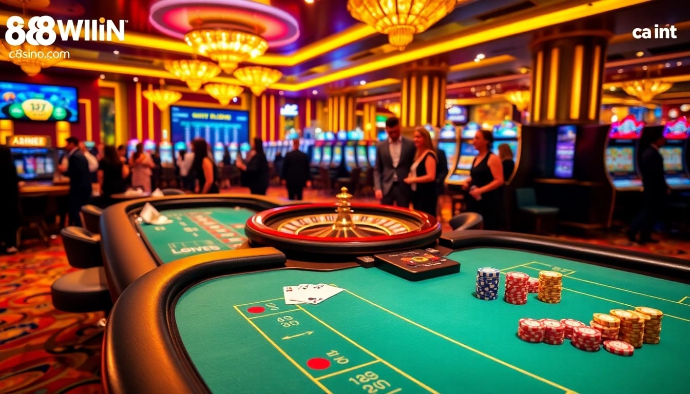 A vibrant casino scene at 68WIN.com featuring a glamorous blackjack table and enthusiastic players.