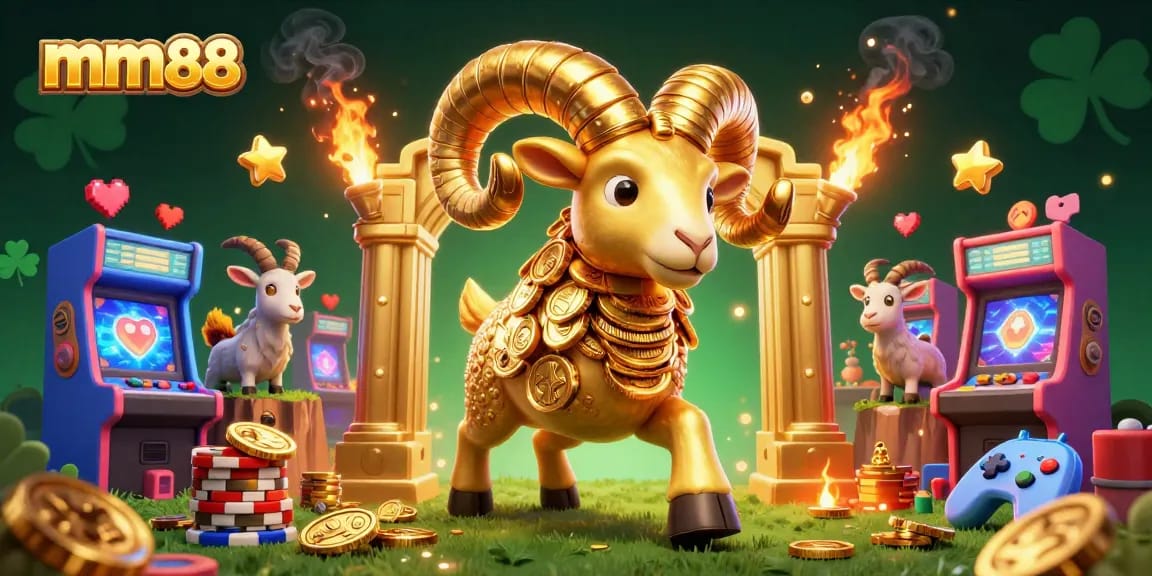 Engage in thrilling games at mm88, where a golden ram symbolizes power and jackpot excitement.