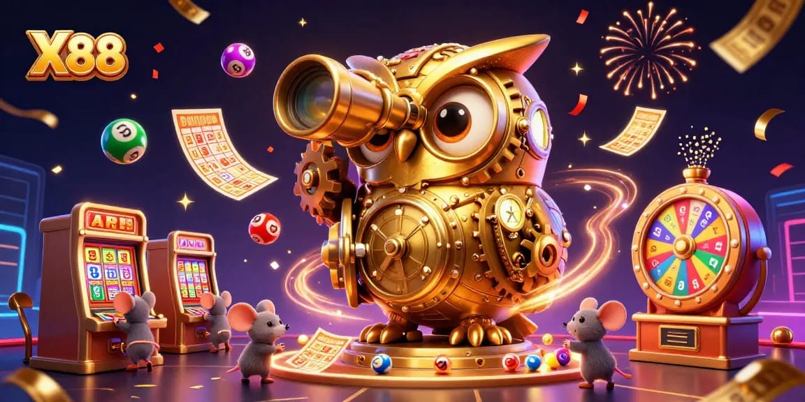 X88's cartoon owl overlooks an exciting casino scene filled with vibrant games and joyful betting.