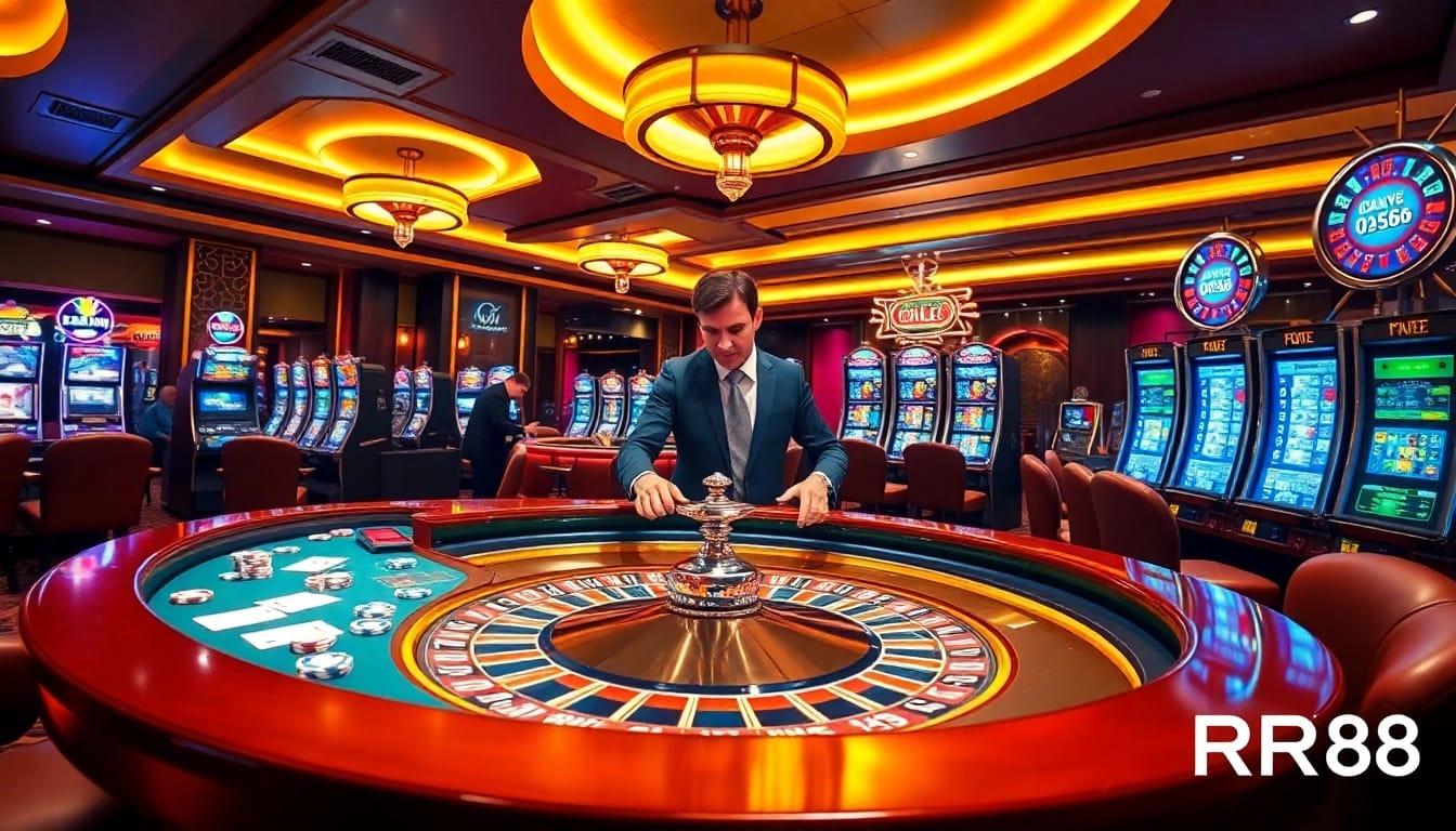 Experience the thrill of RR88 with poker chips and roulette in a luxurious casino setting.