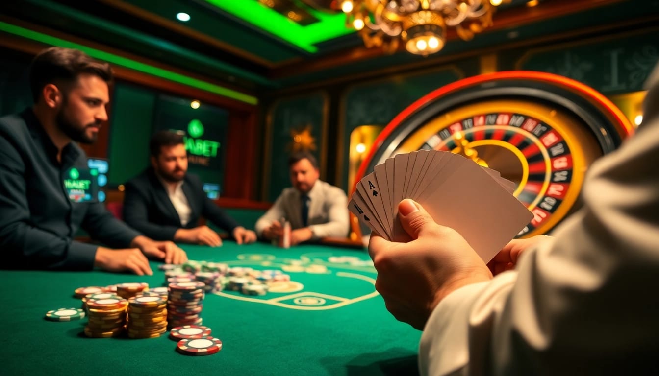 Engaging THABET casino scene with players at a poker table and roulette wheel.
