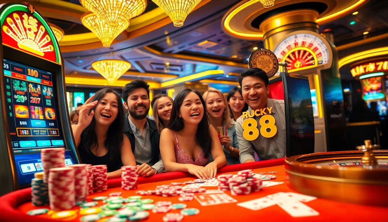 Players experiencing excitement at the Lucky88 slot machine in a glamorous casino setting.