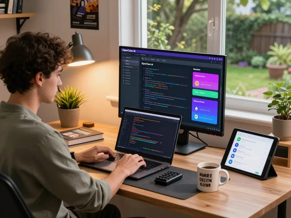 Developer using Open Claw AI in a cozy workspace with coding tools and natural light