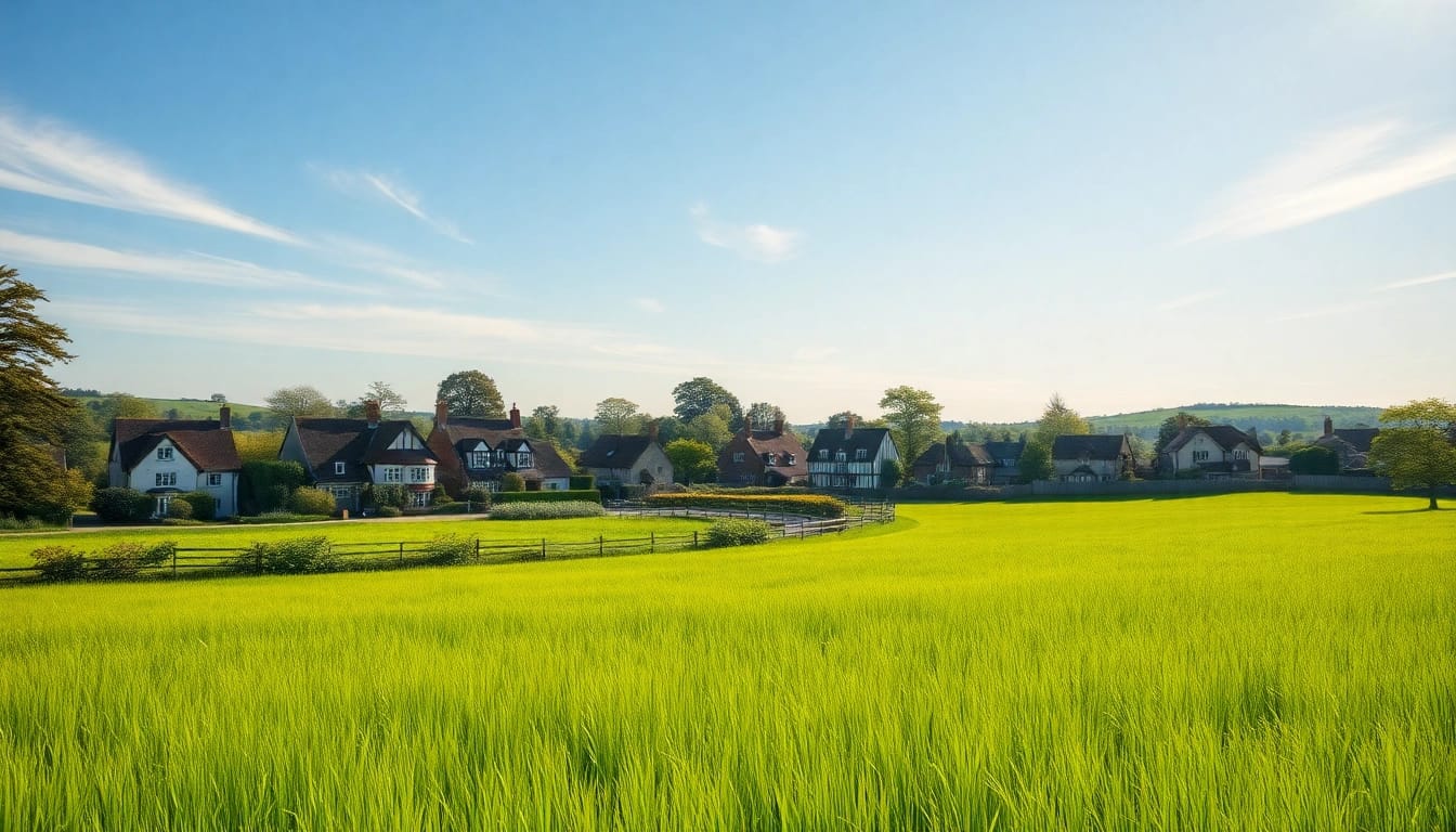 Pyrford village showcasing its charming cottages and lush greenery under bright blue skies.