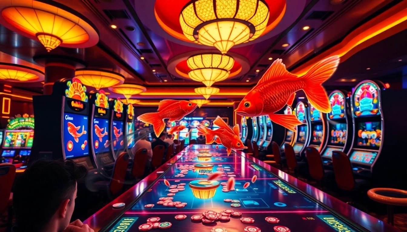 Players enjoy the thrill of bắn cá đổi thưởng in a vibrant casino setting, showcasing immersive gameplay and excitement.