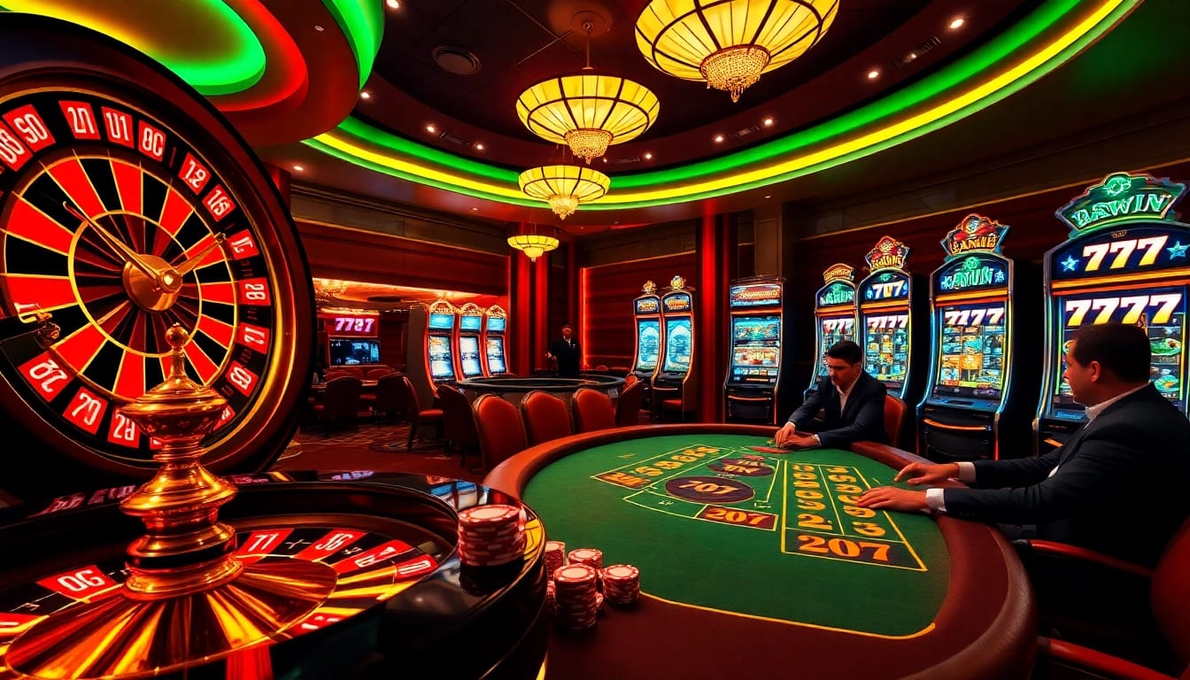 Engaging casino atmosphere highlighting 777win with poker chips and roulette.