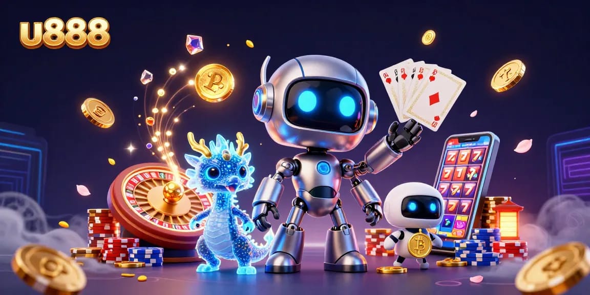 Engage with u888's thrilling gaming world through dynamic 3D illustration, showcasing innovative characters and casino elements.