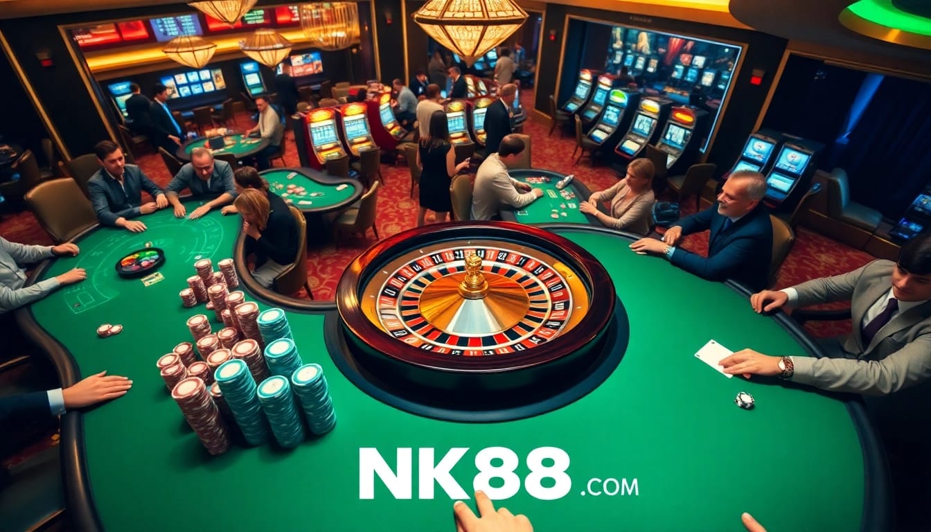 Players enjoying high-stakes games at NK88 com's lavish casino setup, immersed in excitement.