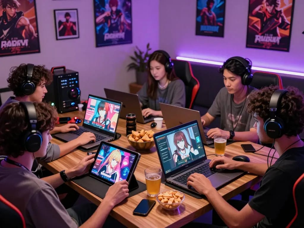 Group of gamers enjoying various porngame genres on devices in a lively atmosphere.