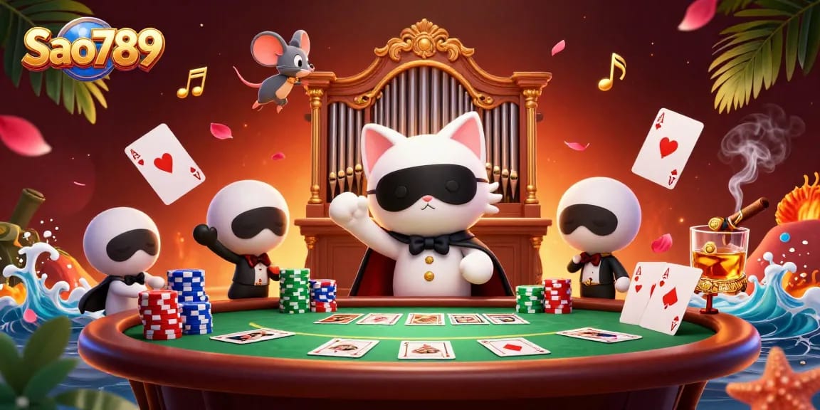 Sao789 offers an exciting poker experience with colorful chips, cards, and a captivating casino atmosphere.