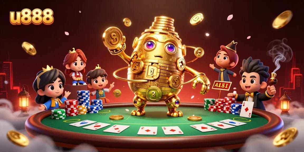 Experience the excitement of U888 casino with animated gold golem at a vibrant poker table.