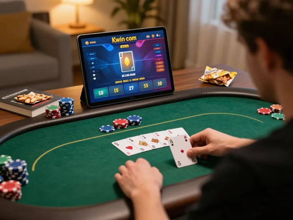 Player focused on online poker gameplay on Kwin com, illuminated screen and cozy home setup enhancing the gambling experience
