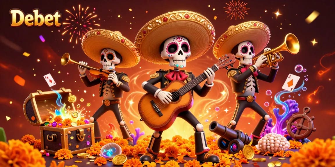 Experience thrilling action at Debet casino with vibrant mariachi skeletons playing amidst treasure and casino elements.
