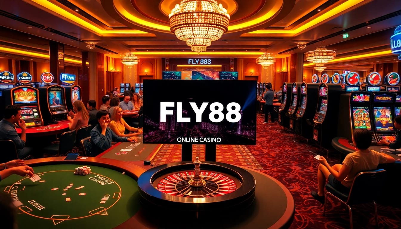 Experience the thrill of gambling at FLY88 casino with vibrant visuals of tables and slots.