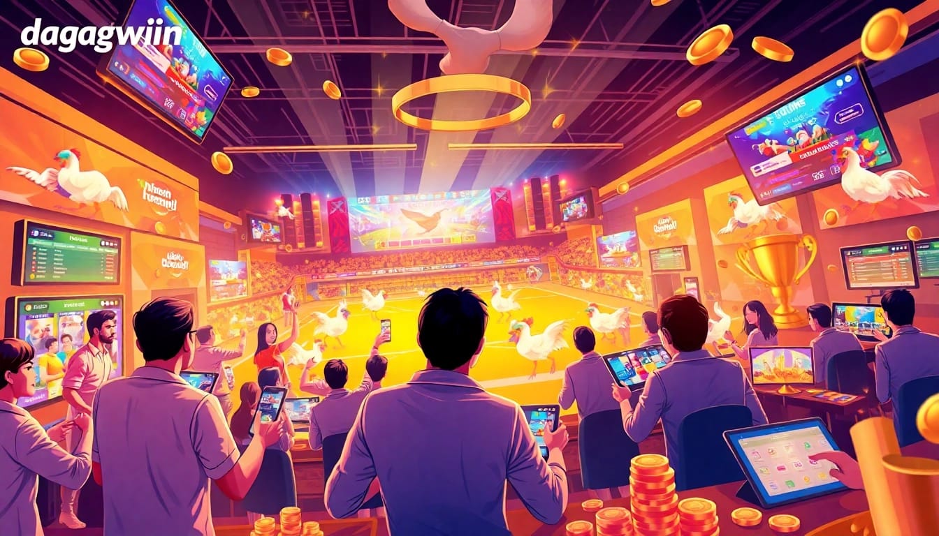 Exciting betting scene at dagawin.live illustrating live chicken fights and casino games, showcasing user engagement and vibrant graphics.