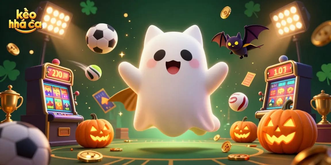 Engage with kèo nhà cái in a vibrant scene featuring a floating ghost cat and dynamic sports elements.
