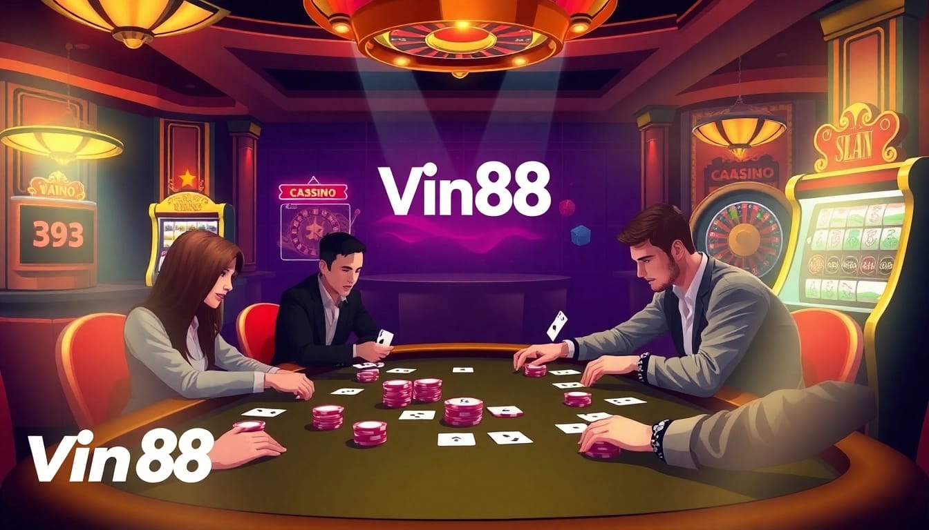 Players enjoying the excitement of poker at Vin88 casino with vibrant gaming atmosphere.
