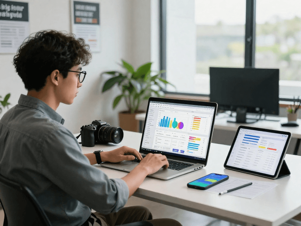 Professional analyzing juicy ai marketing data in a modern office setting