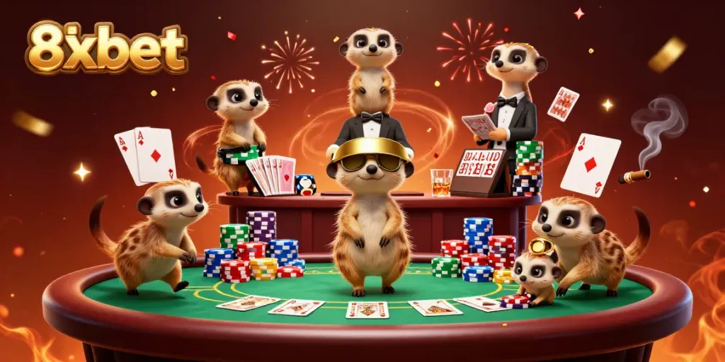 Meerkats operating a colorful casino while celebrating, showcasing the 8xbet theme.