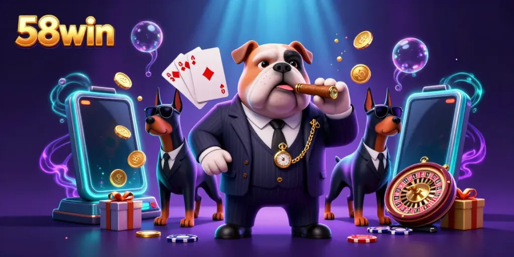 Experience thrilling online gaming at 58win with an engaging mafia-themed 3D casino illustration.