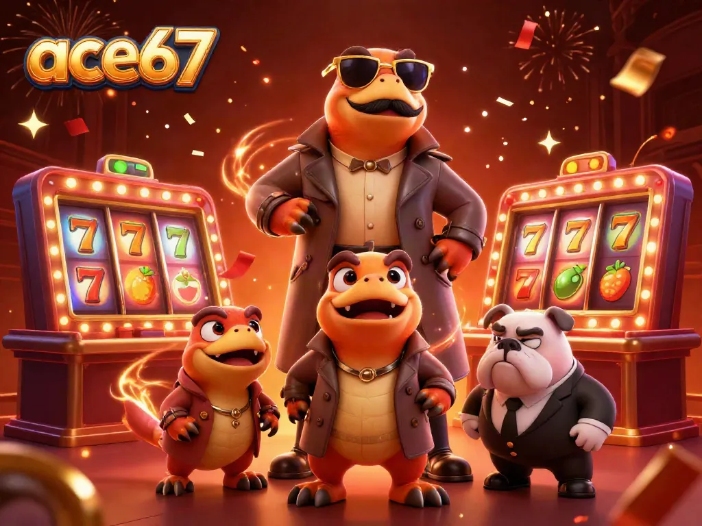 Experience the thrill of ace67 in this vibrant 3D casino scene with raptors, slots, and festive elements.